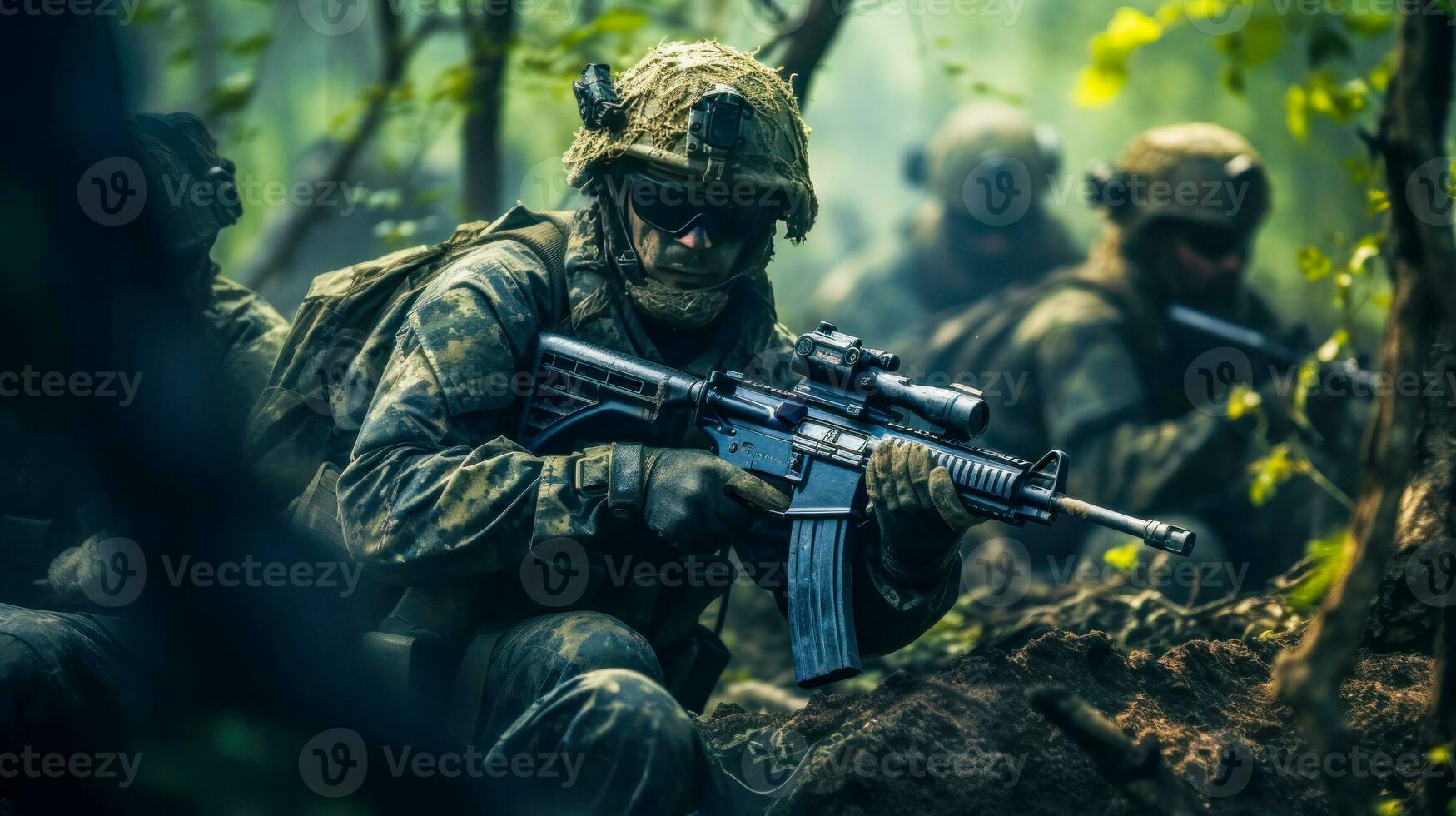 floresta guerra quão uma equipe do comandos mira seus rifles dentro uma batalha ai gerado foto