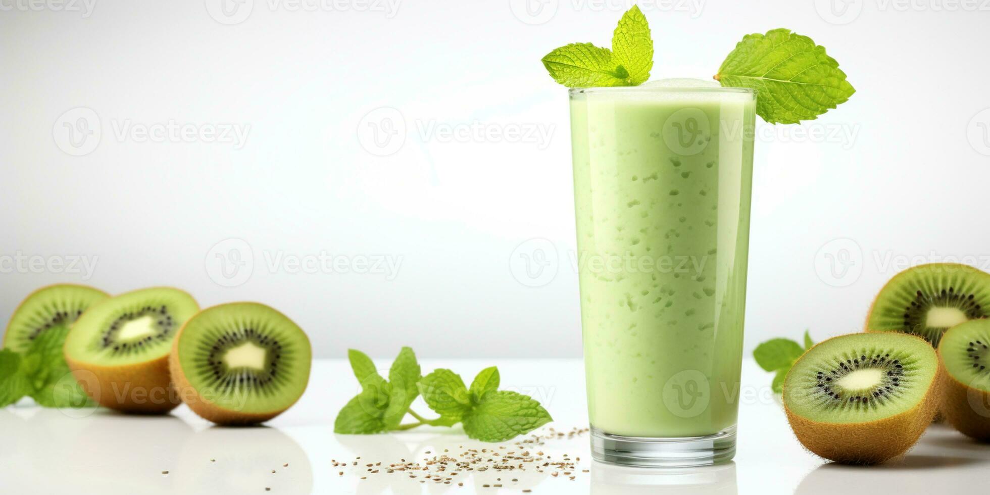 fechar acima do fresco kiwi suco com frutas em mesa, isolado em branco fundo, ai gerado foto