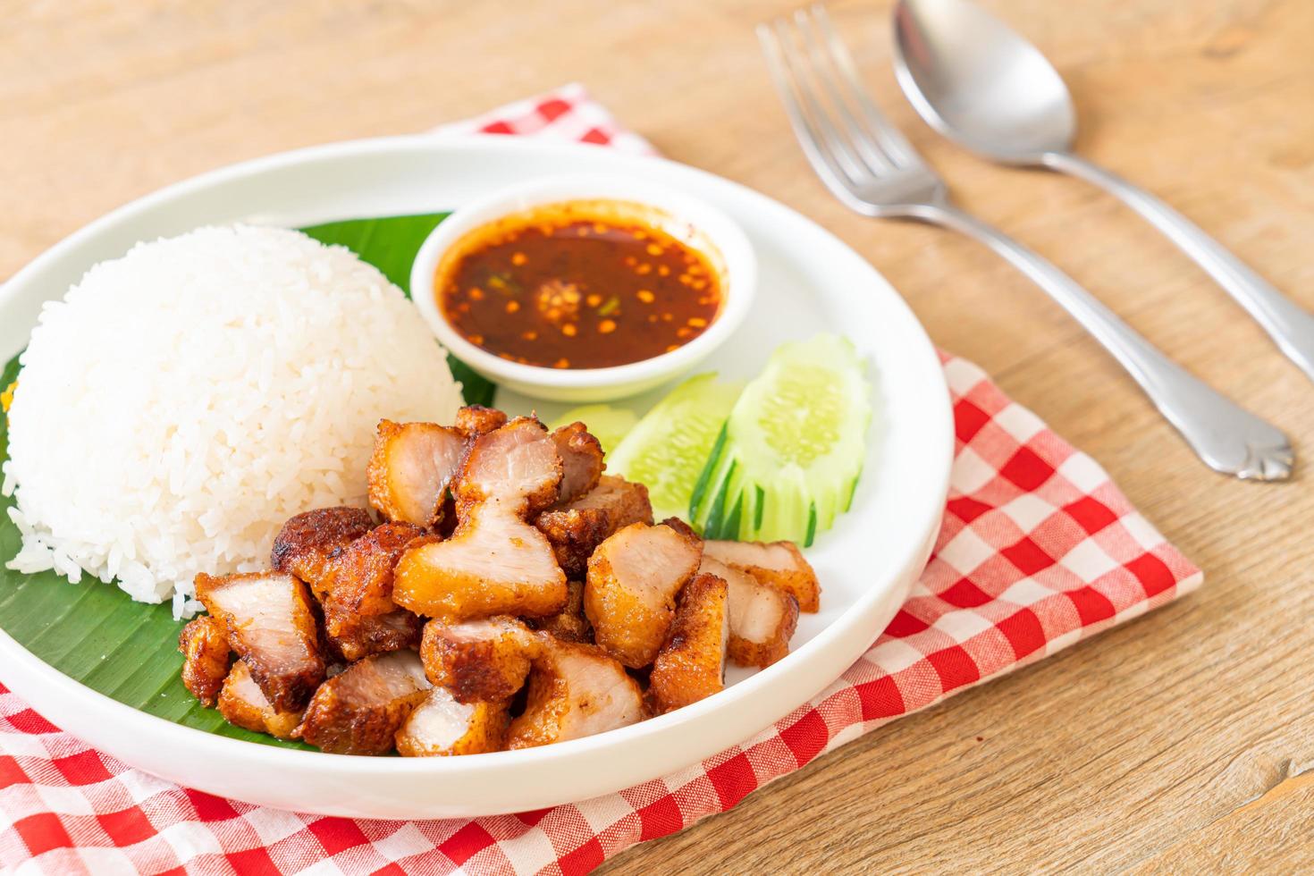 Barriga de porco frita com arroz com molho apimentado em estilo asiático foto