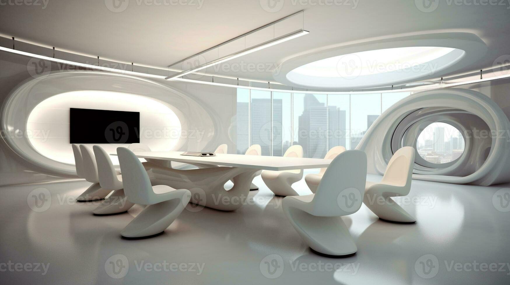 moderno conferência quarto com branco futurista estilo. escritório área de trabalho para equipe reunião. generativo ai foto