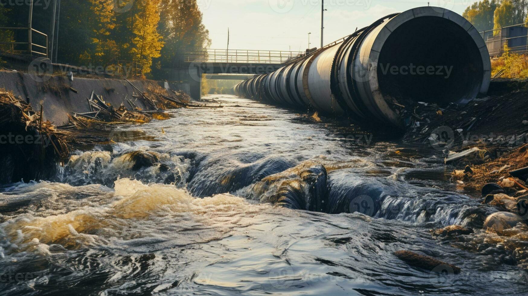 contaminado água conceito, sujo água fluxos a partir de a tubo para dentro a rio, água poluição, meio Ambiente contaminação, ai generativo foto