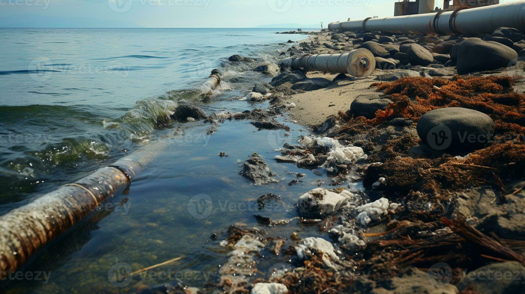 contaminado água conceito, sujo água fluxos a partir de a tubo para dentro a rio, mar, água poluição, meio Ambiente contaminação, ai generativo foto