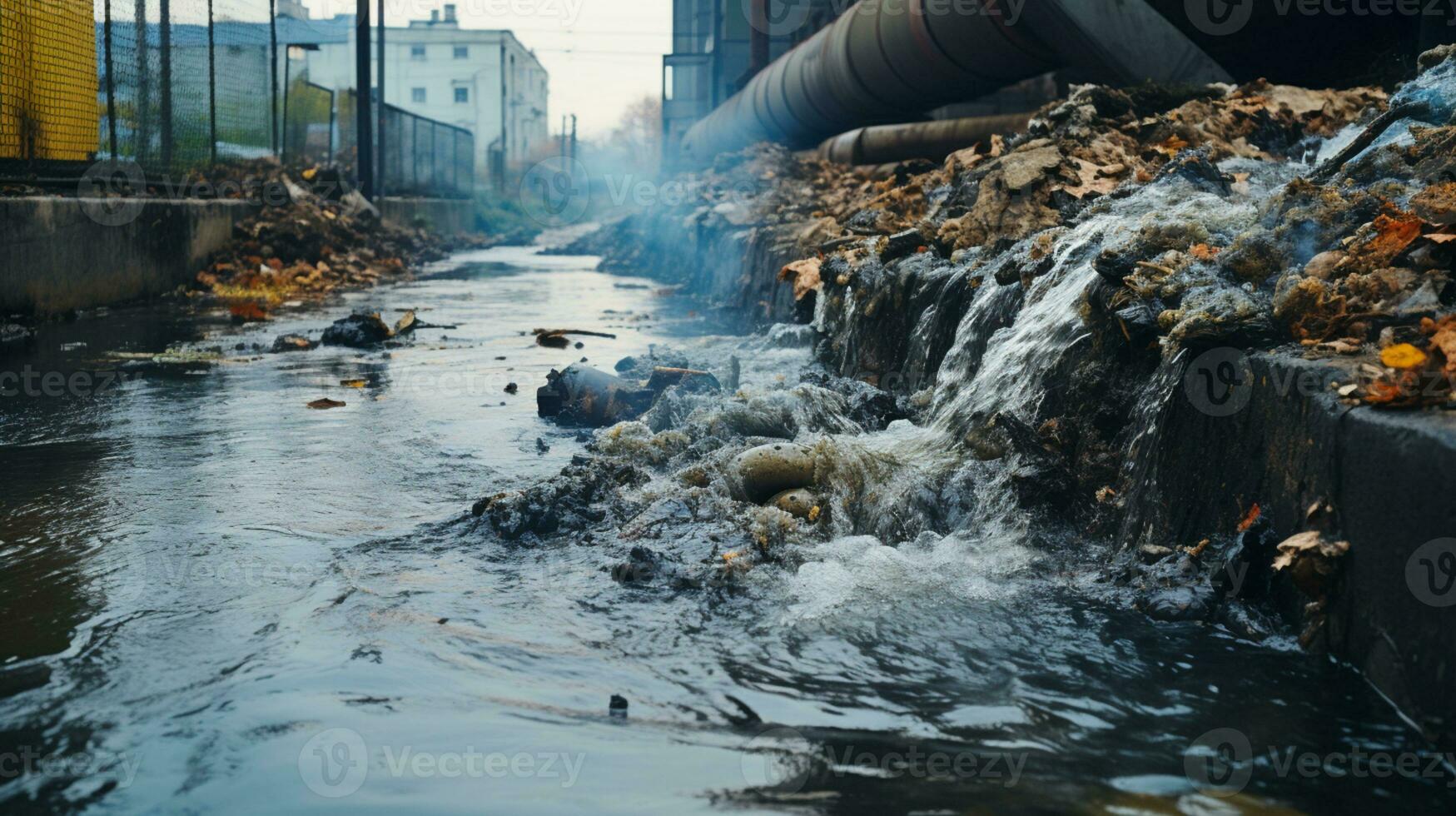 contaminado água conceito, sujo água fluxos a partir de a tubo para dentro a rio, água poluição, meio Ambiente contaminação, ai generativo foto