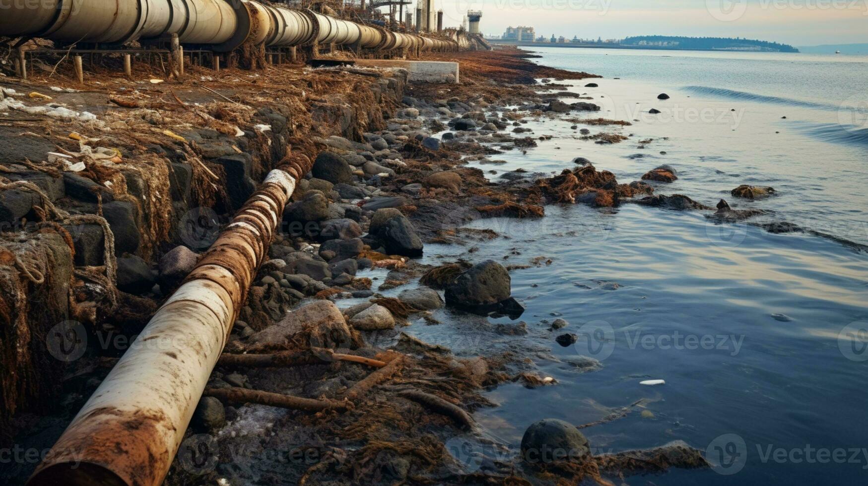 contaminado água conceito, sujo água fluxos a partir de a tubo para dentro a rio, mar, água poluição, meio Ambiente contaminação, ai generativo foto