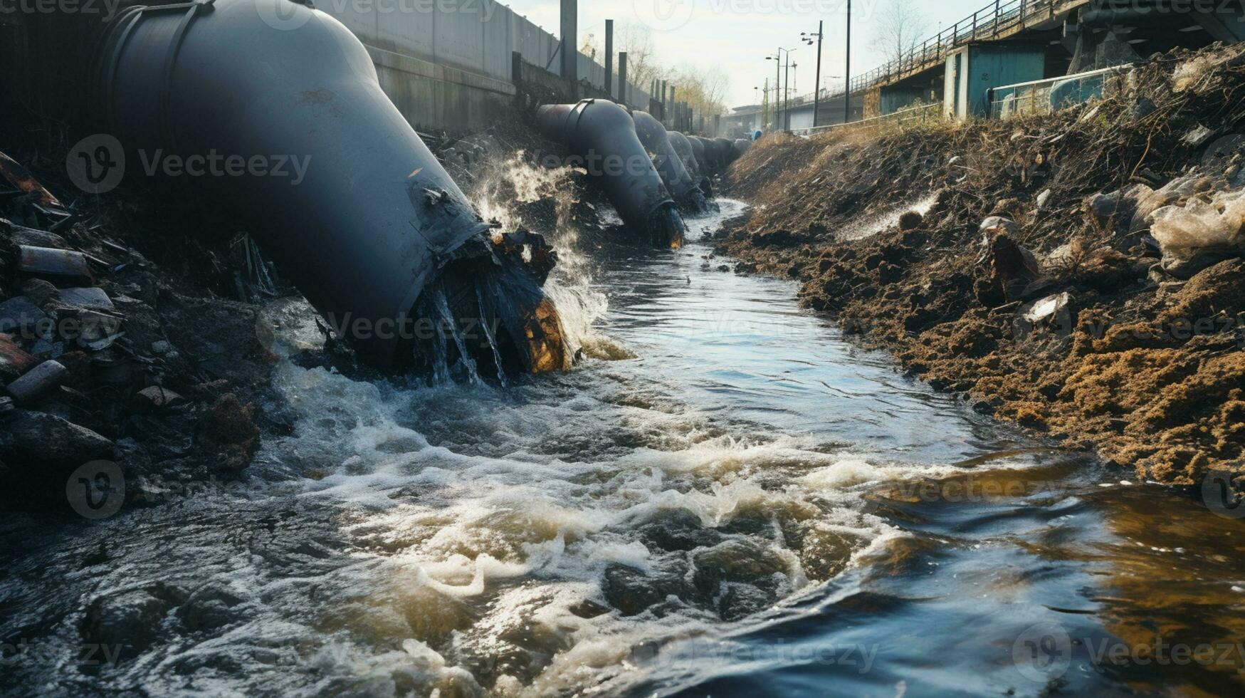 contaminado água conceito, sujo água fluxos a partir de a tubo para dentro a rio, água poluição, meio Ambiente contaminação, ai generativo foto