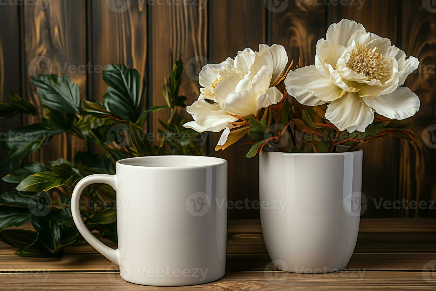 dois branco canecas, peônia, de madeira fundo, estilo boho Casamento brincar ai gerado foto