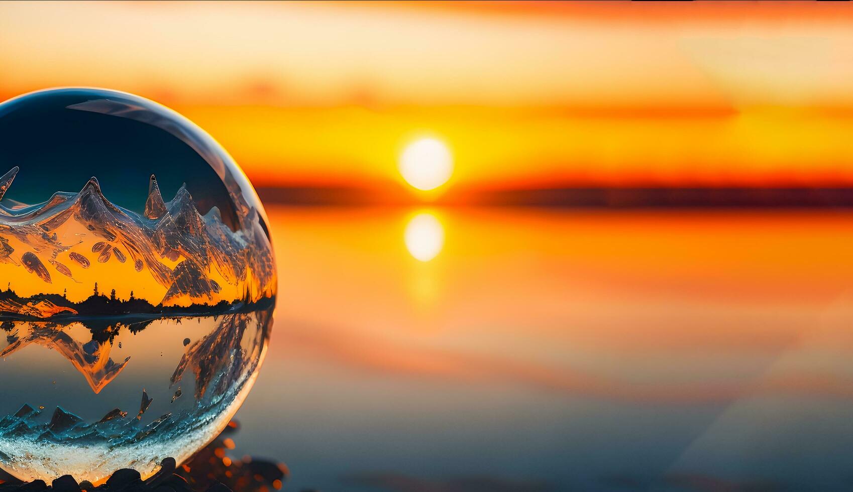 cristal bola em a água superfície e pôr do sol. de Meio Ambiente proteção e conservação do a mundo. ai gerado foto