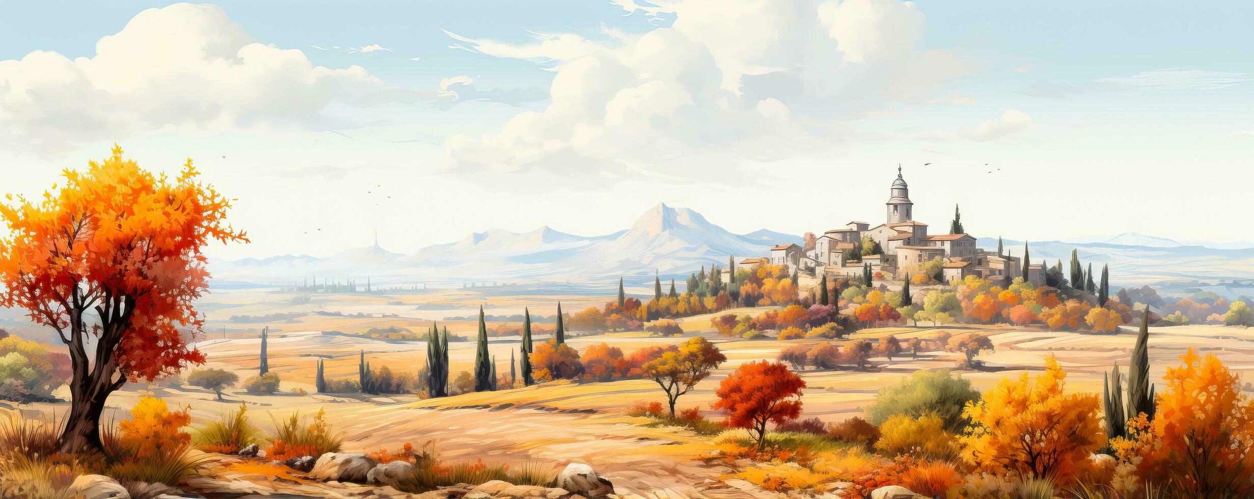 uma pitoresco aguarela pintura do uma encantador Mediterrâneo Vila com vibrante outono cores fundo com esvaziar espaço para texto foto