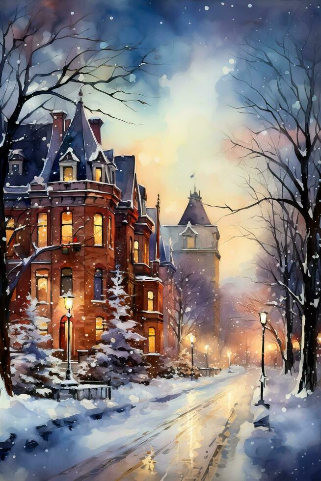 aguarela pintura do uma pitoresco canadense cidade coberto dentro neve com acolhedor edifícios e cintilante luzes da rua foto