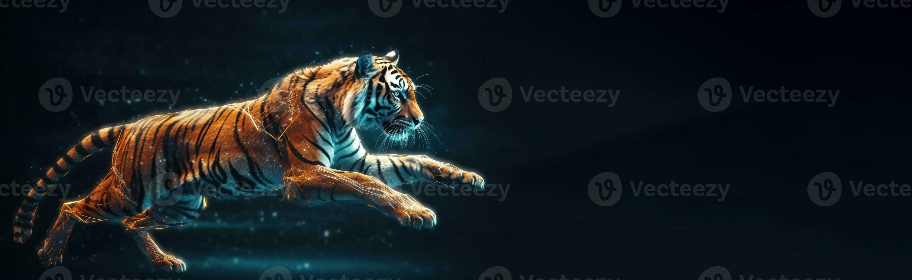 néon abstrato gráfico contornos do uma tigre dentro uma pular, uma selvagem animal. Sombrio fundo isolar. ai gerado. foto