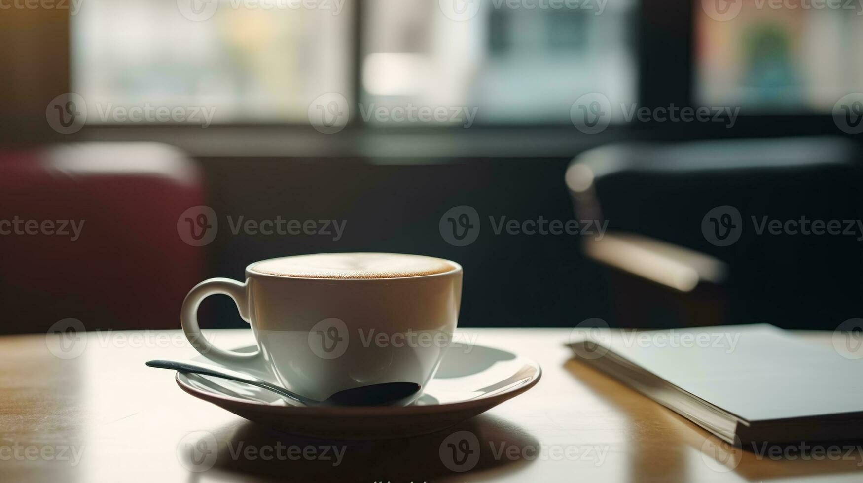 uma copo do café em uma mesa dentro uma cafeteria às hora do almoço às trabalhar. generativo ai foto