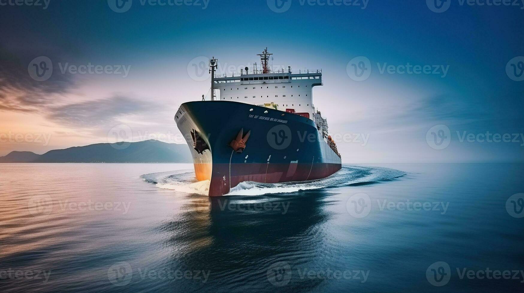 frente Visão do uma grande carga transportadora enviar, viajando com Rapidez sobre calma oceano, generativo ai foto