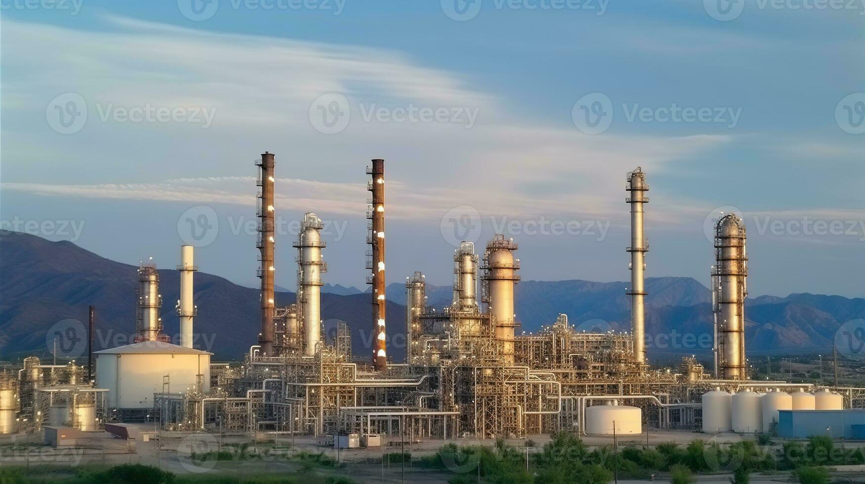 óleo refinaria com uma fundo do montanhas e céu.o fábrica é localizado dentro a meio do natureza e não emissões, generativo ai foto