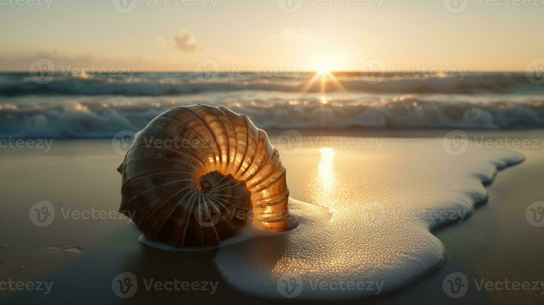 Tyndall efeito luz raios através a ampla nautilus concha, deitado em a de praia dentro a ondas do a oceano, ai generativo foto