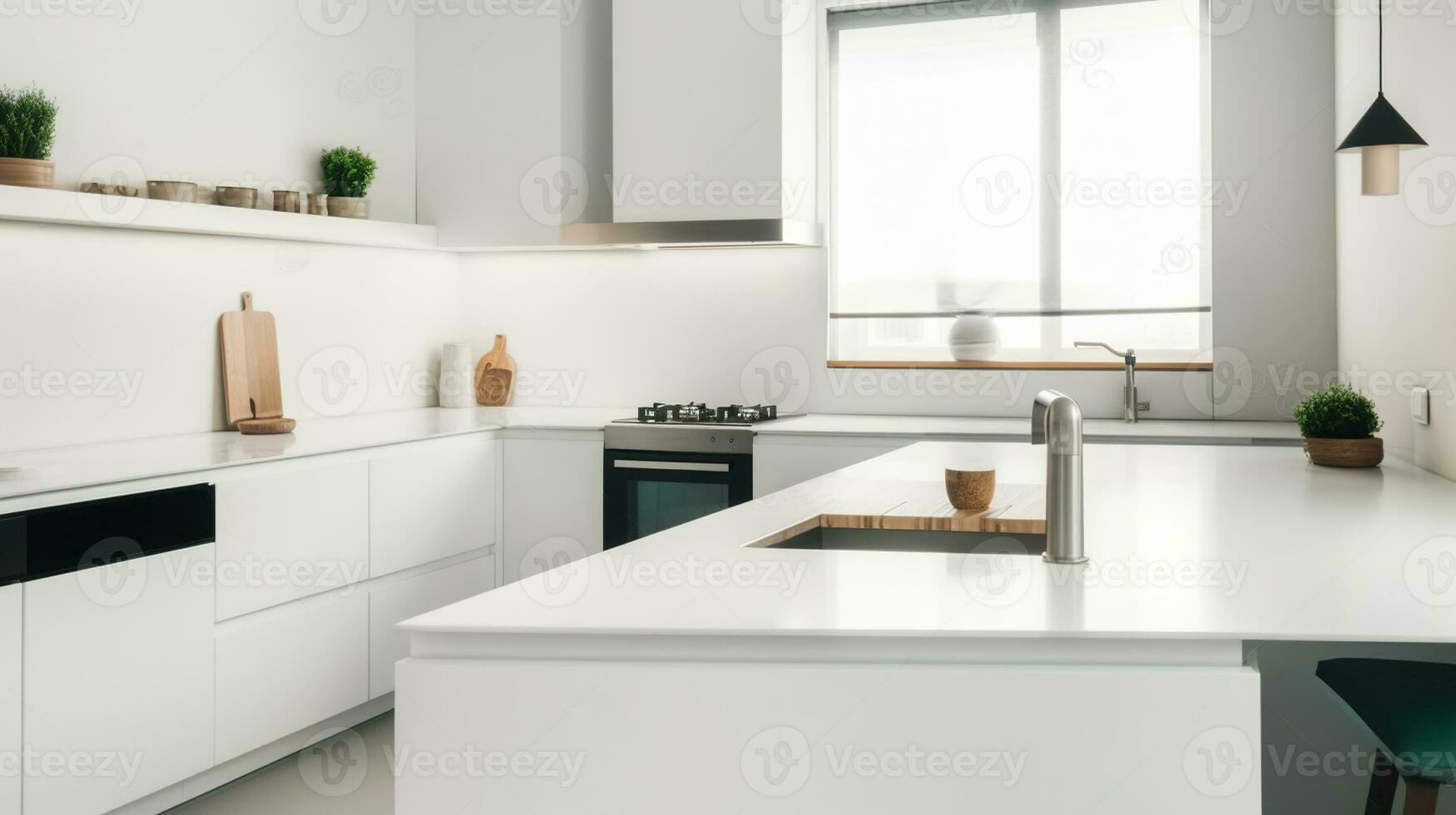 fechar Visão em brilhante cozinha quarto interior com branco muro. generativo ai foto