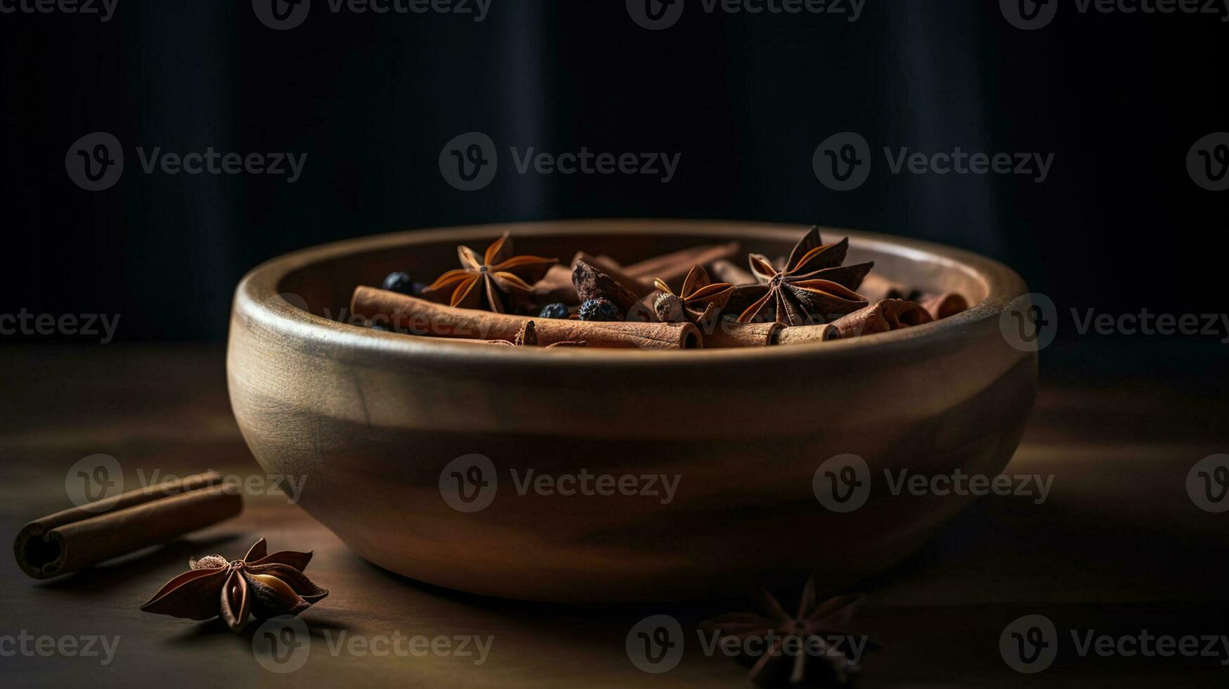 de madeira tigela com canela Gravetos e anis em mesa. ai generativo foto