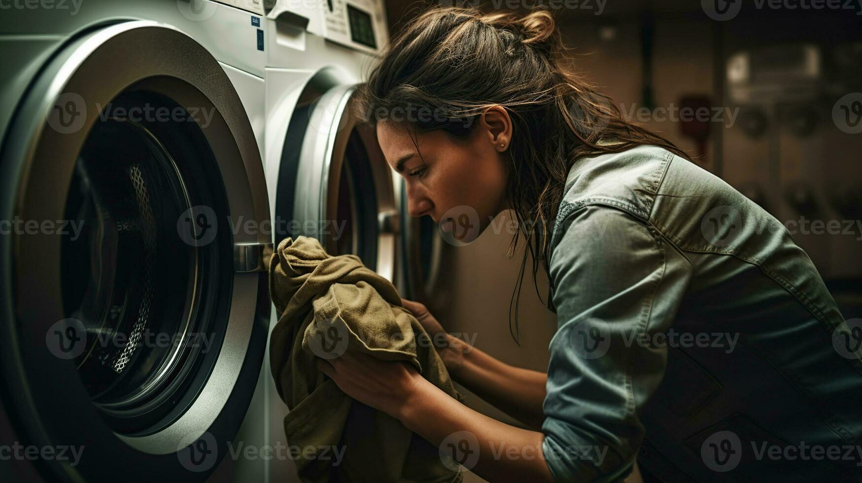 jovem mulher levando baixa Jaqueta a partir de lavando máquina sala, generativo ai foto