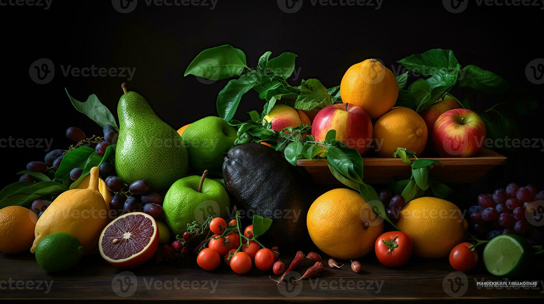 fresco vegetais, frutas e sementes em Preto mesa, plano deitar, generativo ai foto