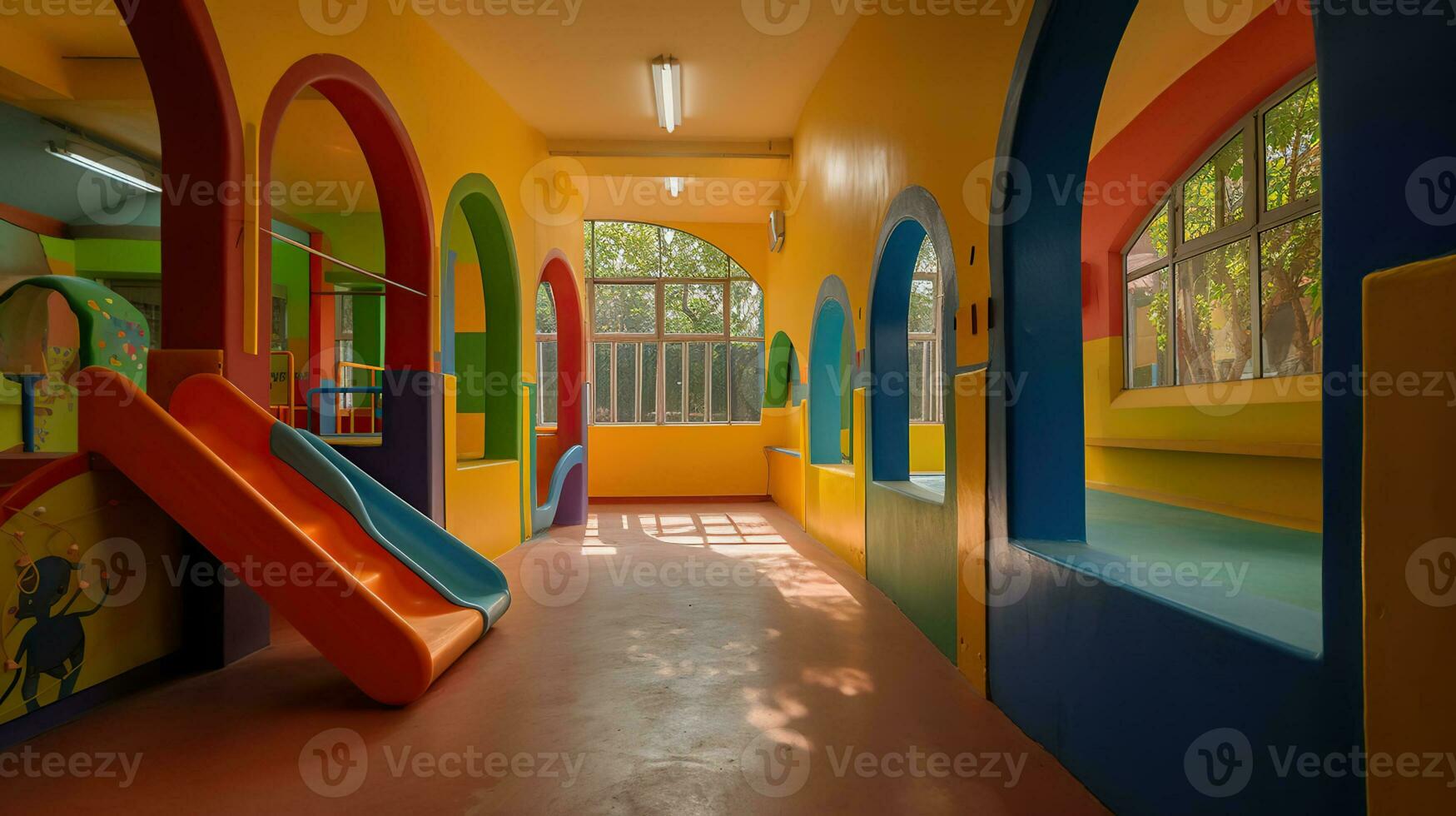 Parque infantil criança zona dentro uma escola, ai generativo foto