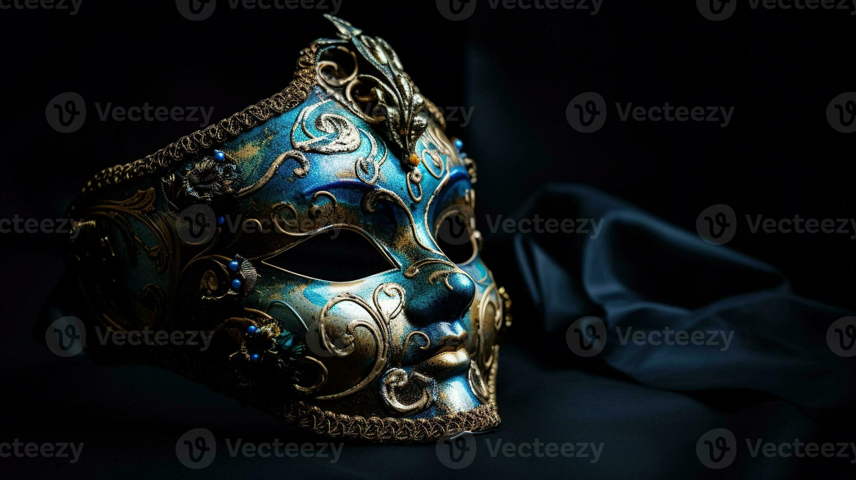 foto do elegante e delicado veneziano mascarar sobre azul Sombrio fundo, generativo ai