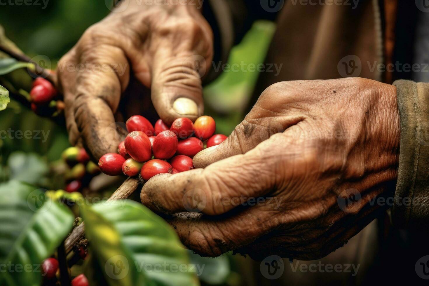 agricultura colheita café bagas, agricultores mão colheita arábica café bagas ou robusta bagas de a mãos. Vietnã. generativo ai foto