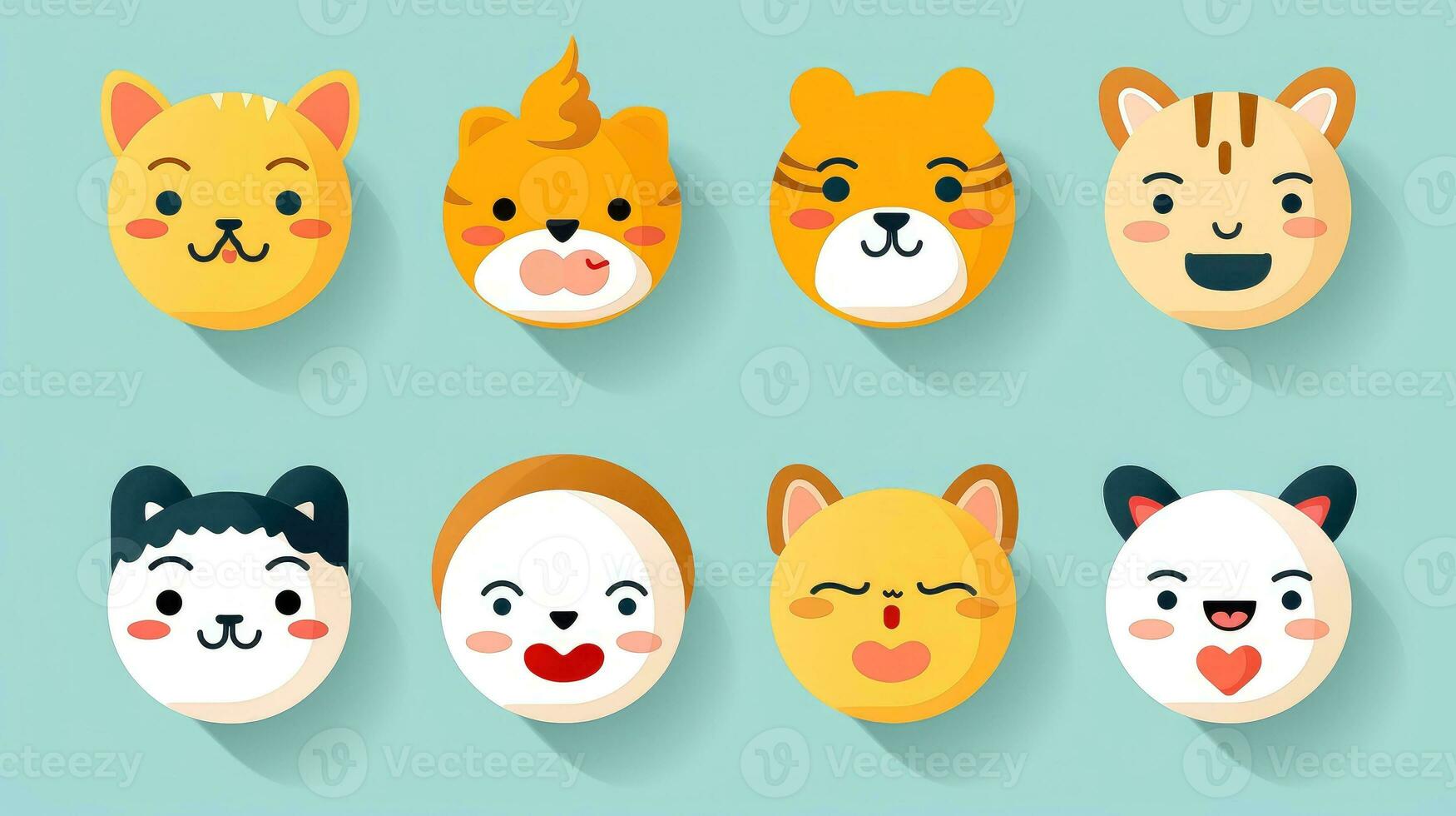 conjunto do desenho animado rostos expressões, face emojis, adesivos, emoticons, desenho animado engraçado mascote personagens face definir, generativo ai ilustração foto