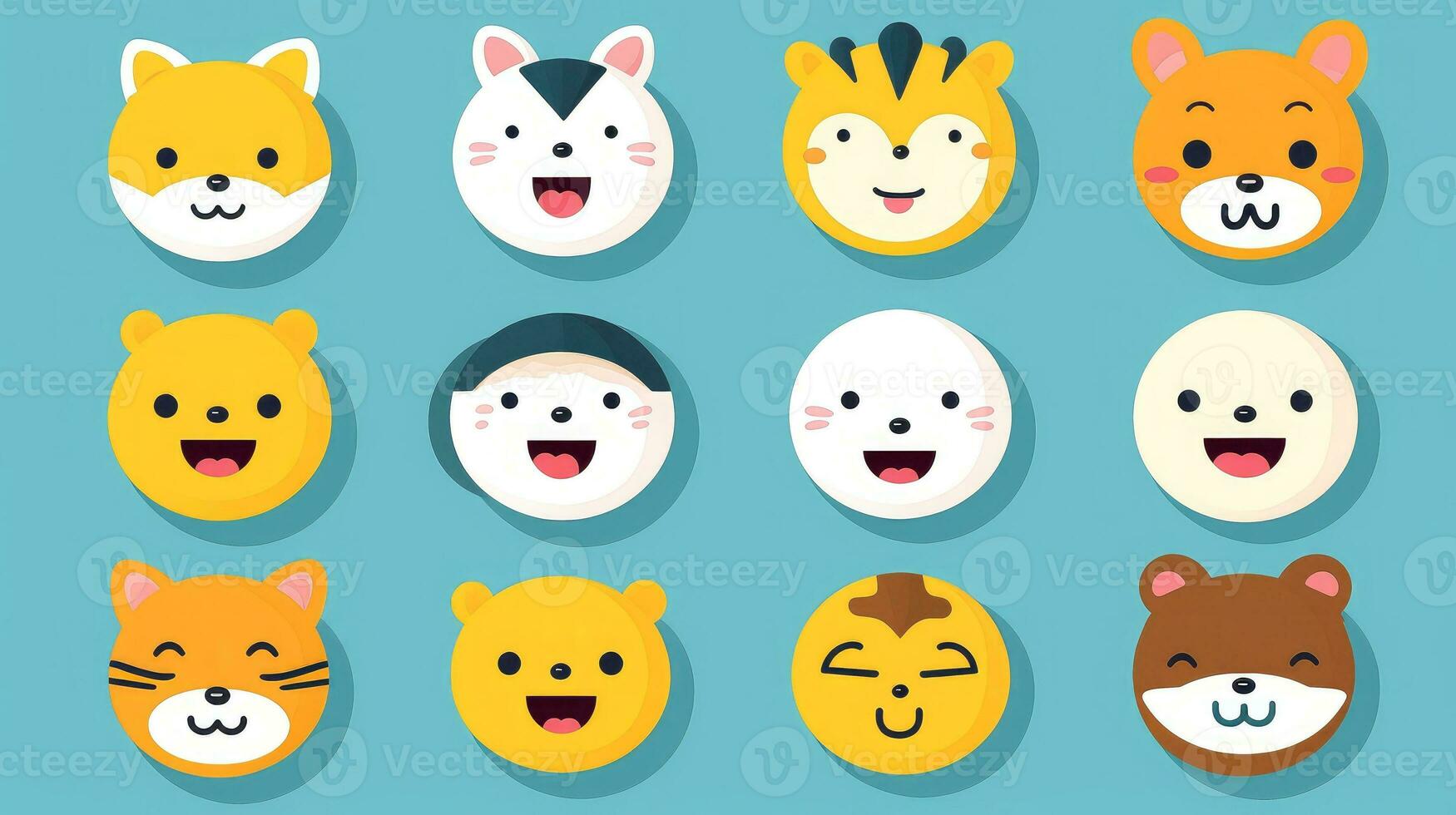 conjunto do desenho animado rostos expressões, face emojis, adesivos, emoticons, desenho animado engraçado mascote personagens face definir, generativo ai ilustração foto