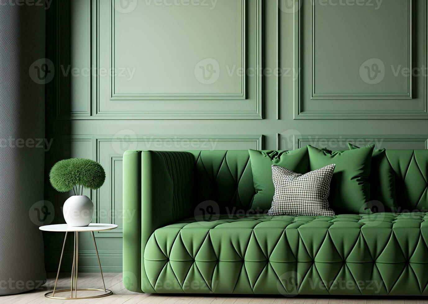 interior painéis uma chão luz e almofadas em uma verde sofá foto