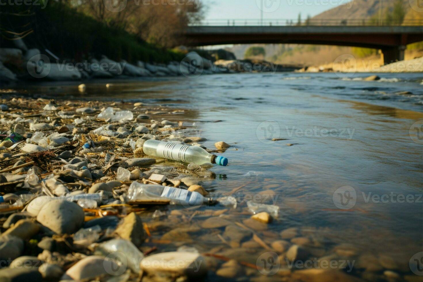 lixo e plástico desperdício perto a rios Beira exacerbar água poluição ai gerado foto