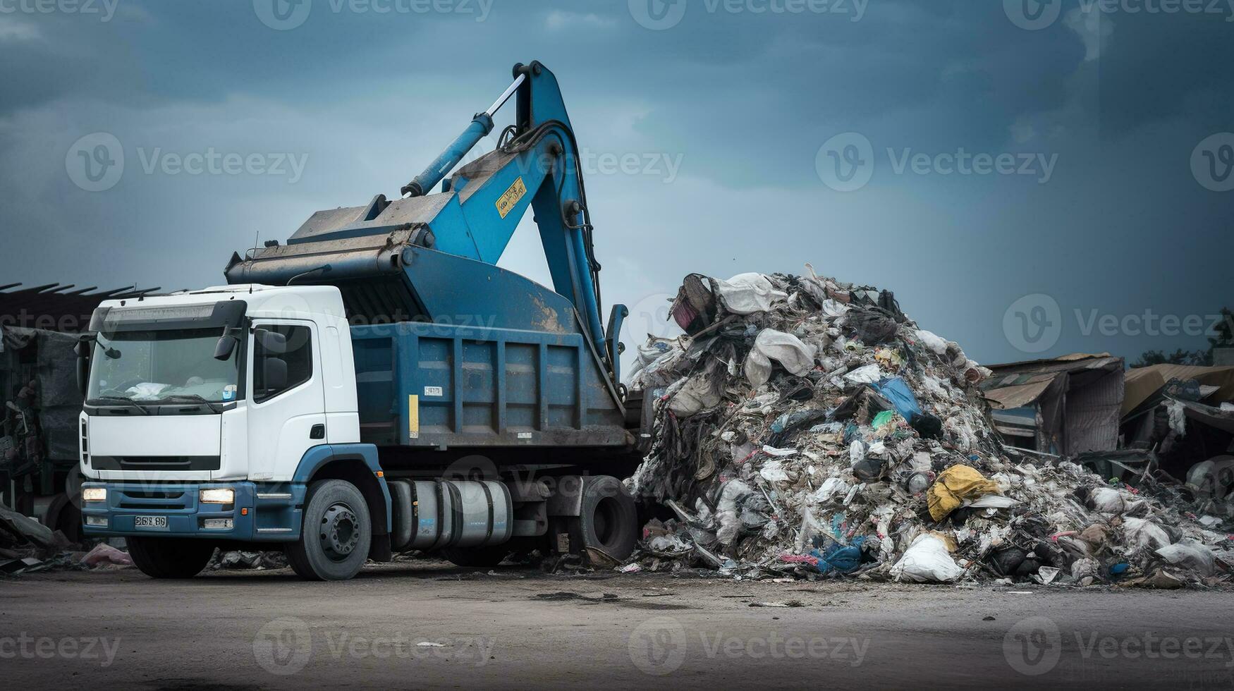 pesado equipamento dentro a frente do uma caminhão dumping pilhas do lixo, dentro a estilo do luz branco e azul, generativo ai foto