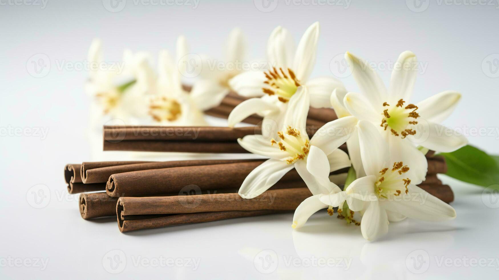 baunilha e canela Gravetos e flores em branco fundo. ai generativo foto