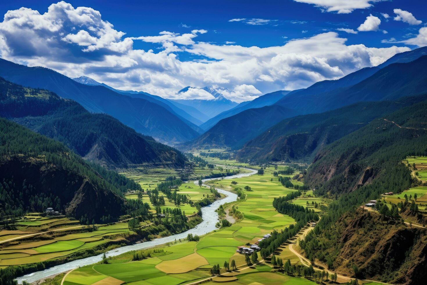 lindo Visão do a vale e montanhas dentro sichuan, China, aéreo Visão do paro vale Butão, ai gerado foto