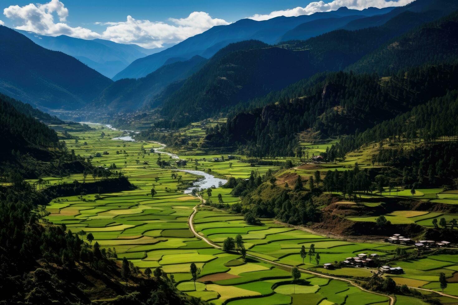 aéreo Visão do verde arroz terraços dentro sapa, Vietnã, aéreo Visão do paro vale Butão, ai gerado foto