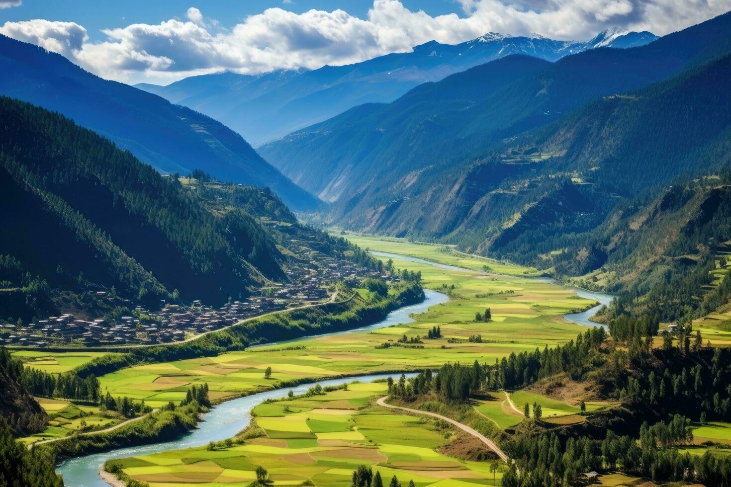 Visão do a vale e a rio dentro a Himalaia. aéreo Visão do paro vale Butão, ai gerado foto
