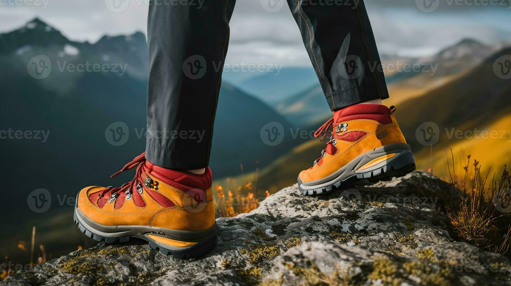 fechar-se do a vermelho, amarelo caminhada sapatos do uma caminhante cruzando uma montanhoso área às a topo do uma colina. generativo ai foto