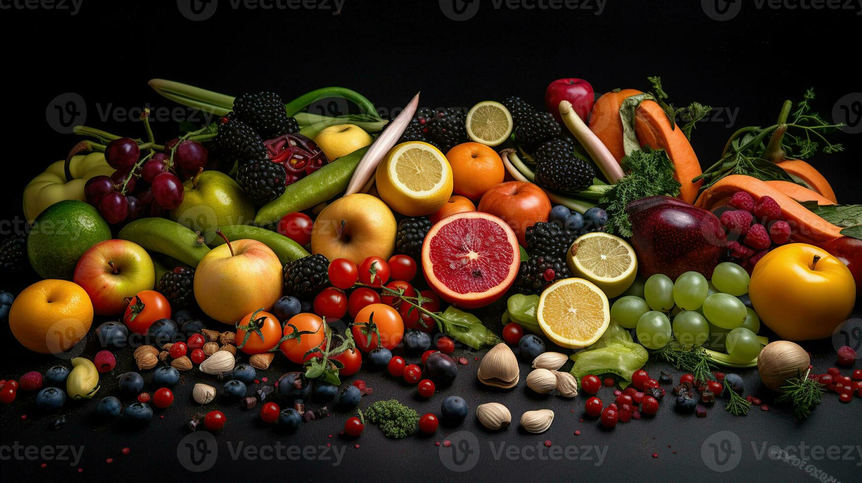 fresco vegetais, frutas e sementes em Preto mesa, plano deitar, generativo ai foto