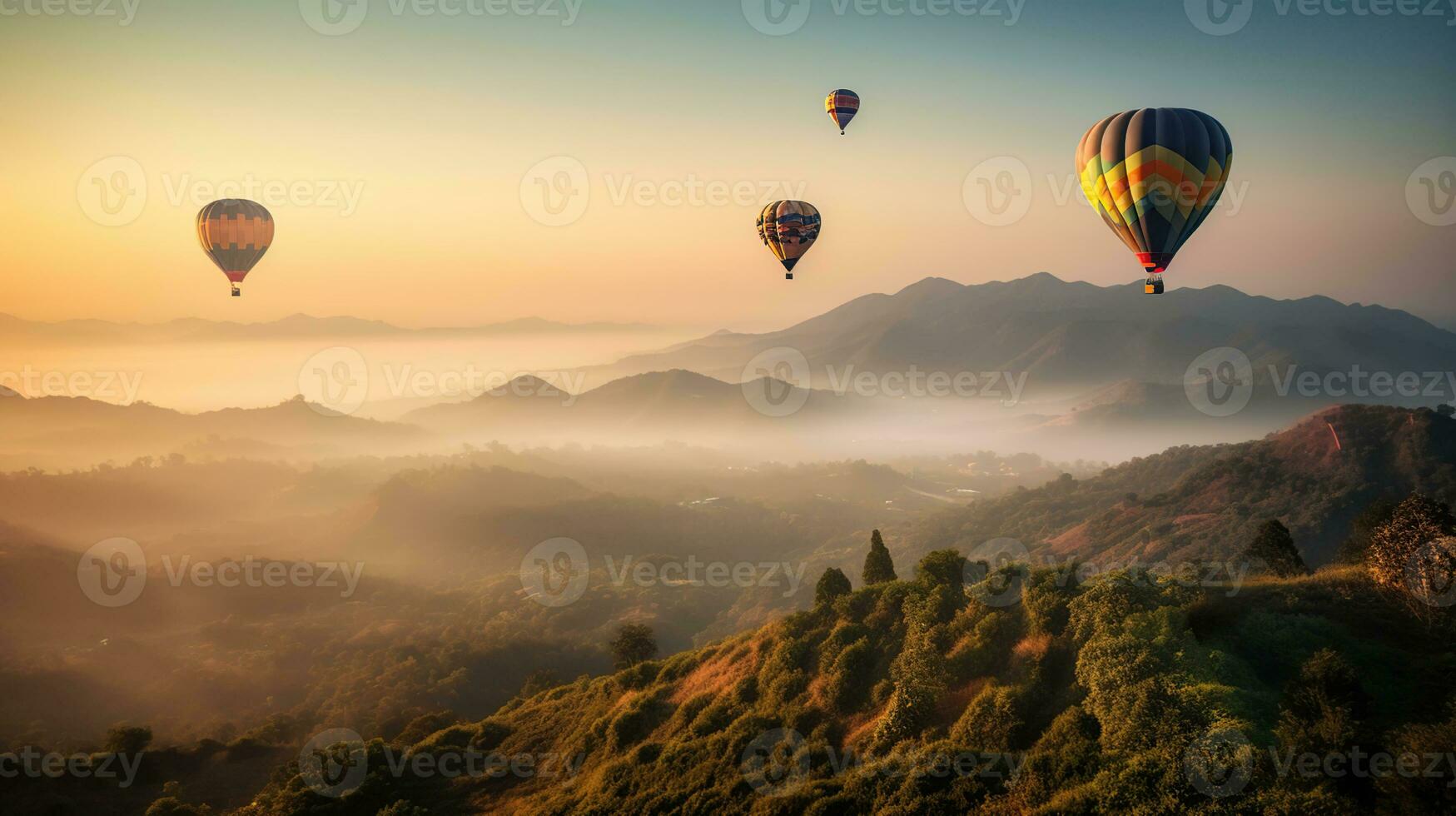 colorida quente ar balões vôo sobre montanha lindo céu fundo, generativo ai foto