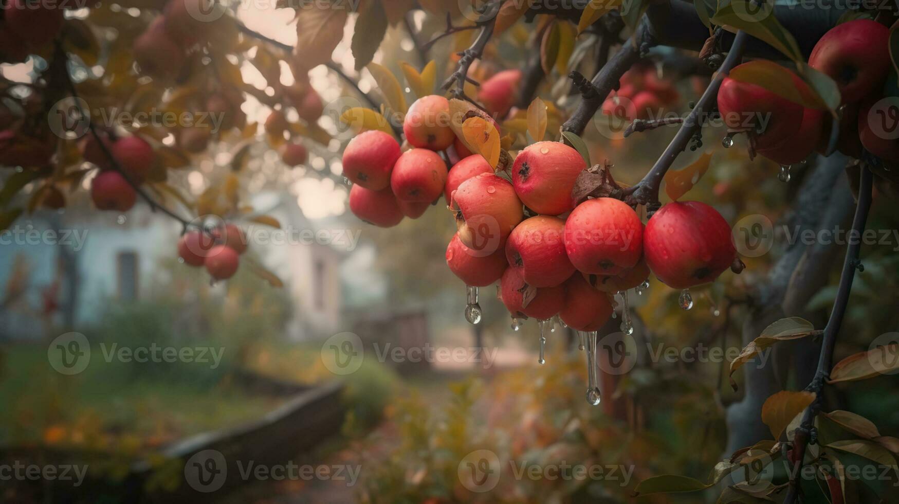 outono dia. rural jardim. dentro a quadro, Armação maduro vermelho maçãs em uma árvore. Está chovendo fotografado jardim, generativo ai foto