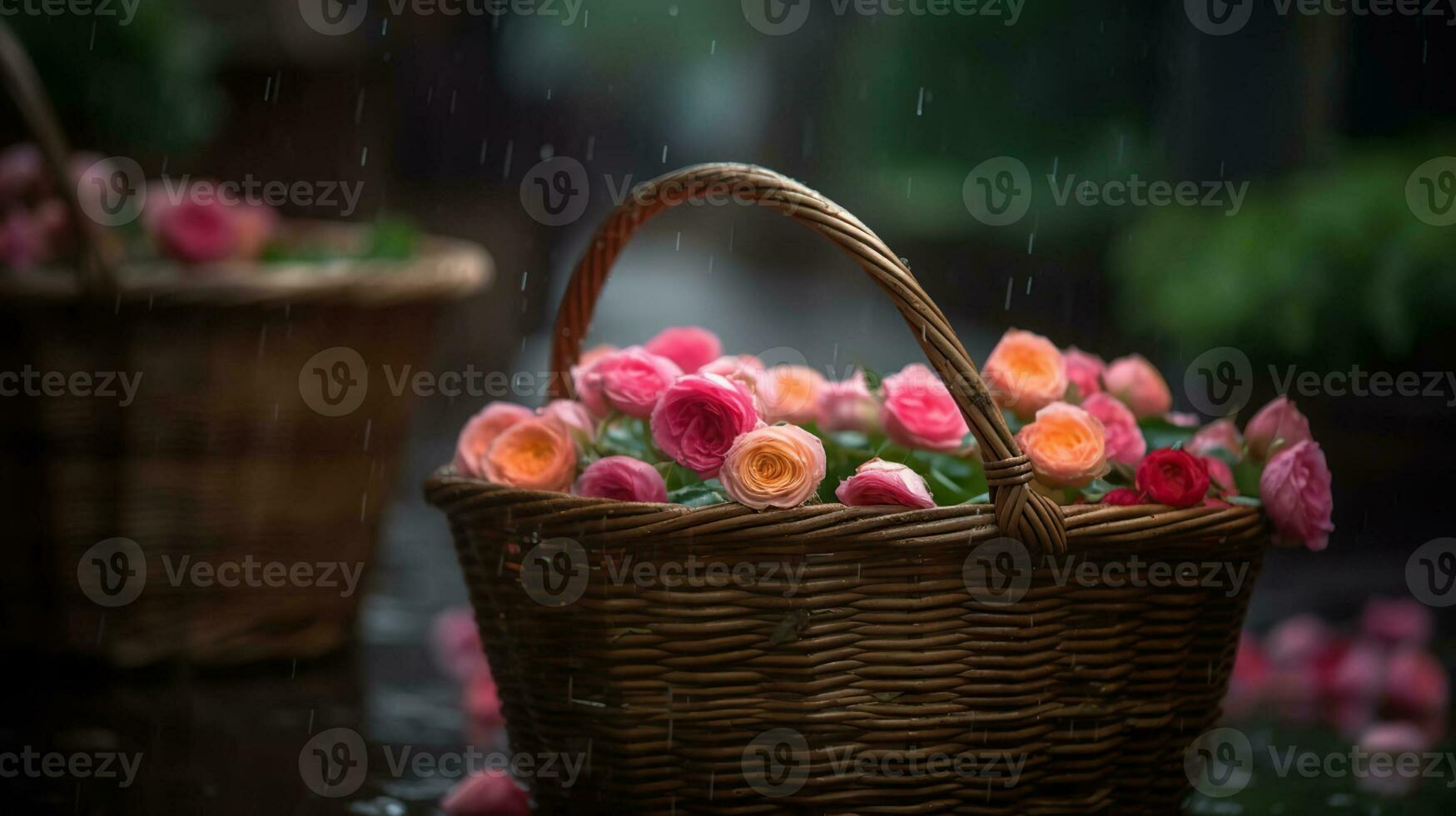 uma cesta cheio do rosas depois de a chuva, bokeh fundo. generativo ai foto