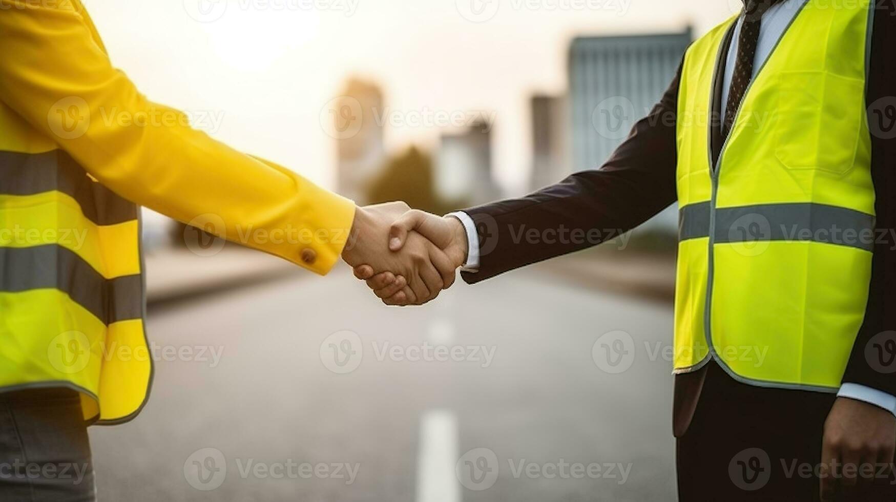 sem rosto anônimo engenheiros dentro amarelo colete uniforme tremendo mãos enquanto em pé em cidade rua sobre borrado panorama com luz solar, generativo ai foto