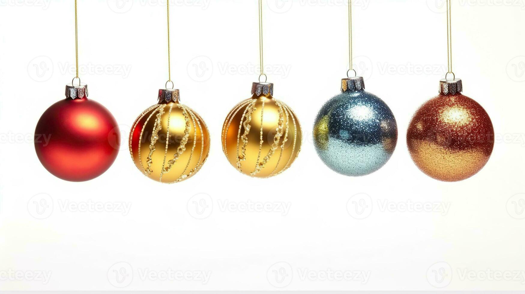 encantador enfeites, brilhando Natal bolas suspenso dentro ar, infundindo a branco fundo com feriado Magia. generativo ai foto