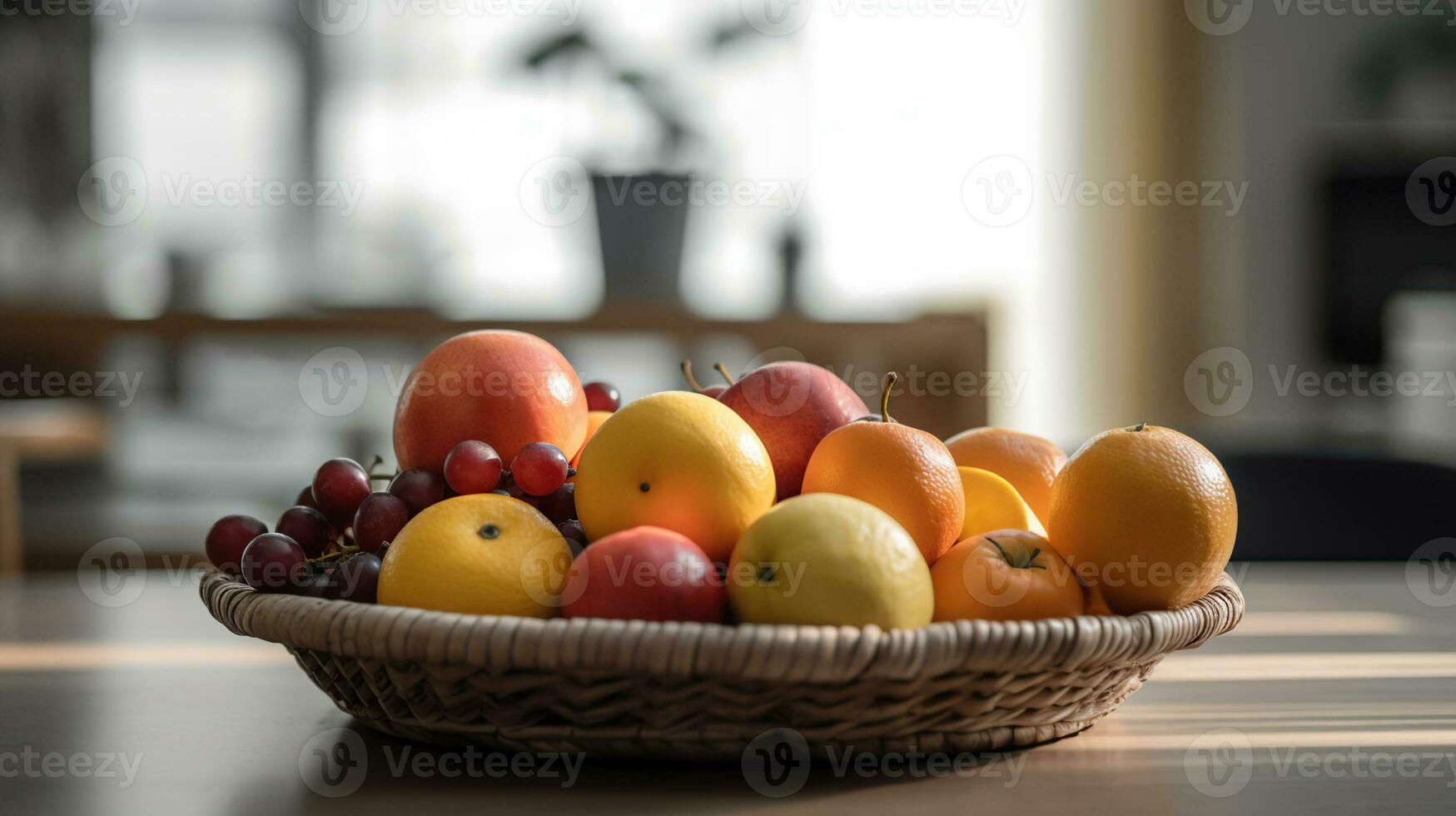 cesta com fresco frutas em mesa dentro cozinha, ai generativo foto