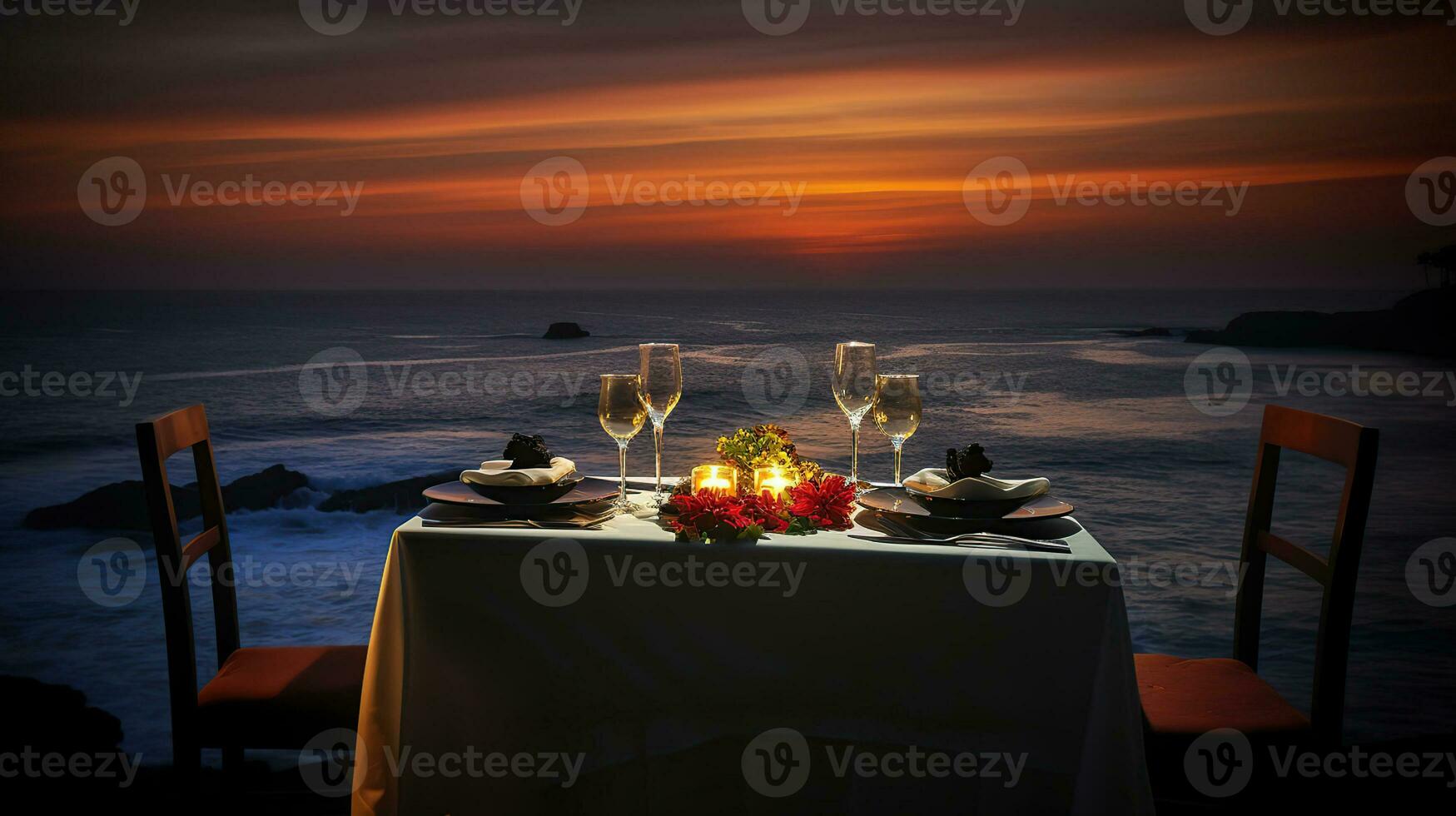 romântico pôr do sol jantar em a de praia. óculos do champanhe bebidas dentro uma restaurante com mar visualizar. verão amor, ai generativo foto