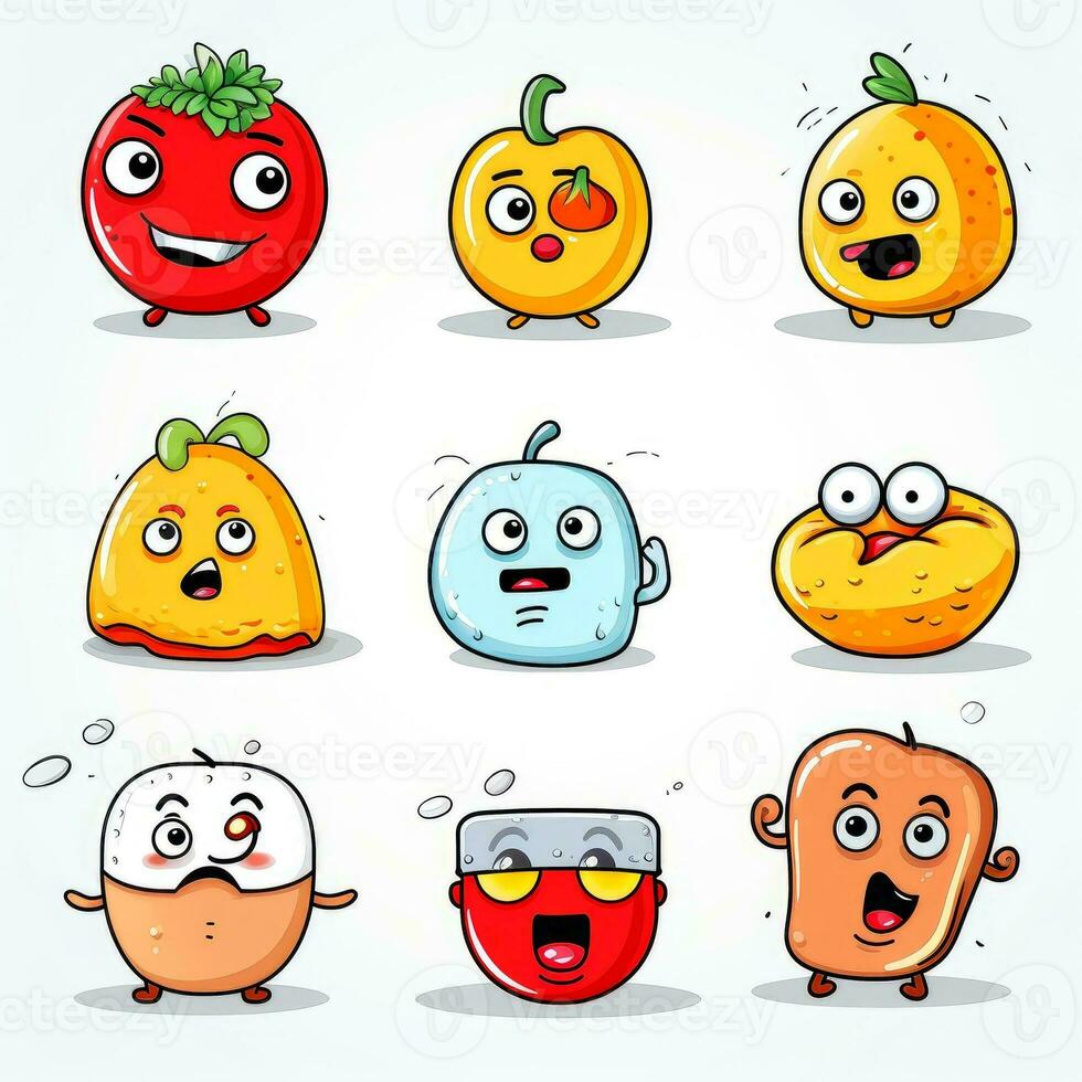 conjunto do desenho animado rostos expressões, face emojis, adesivos, emoticons, desenho animado engraçado mascote personagens face definir, generativo ai ilustração foto