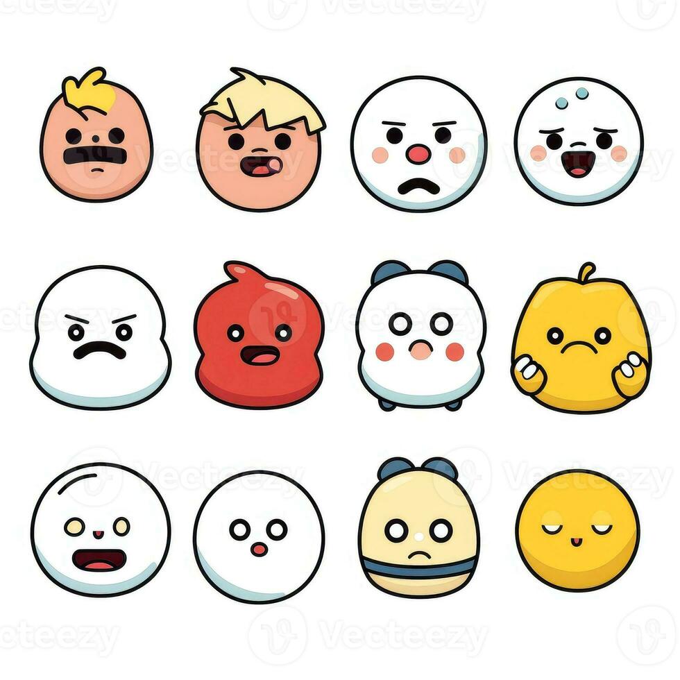 conjunto do desenho animado rostos expressões, face emojis, adesivos, emoticons, desenho animado engraçado mascote personagens face definir, generativo ai ilustração foto