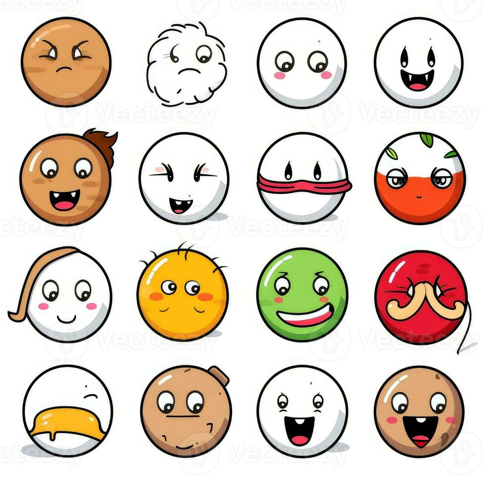 conjunto do desenho animado rostos expressões, face emojis, adesivos, emoticons, desenho animado engraçado mascote personagens face definir, generativo ai ilustração foto