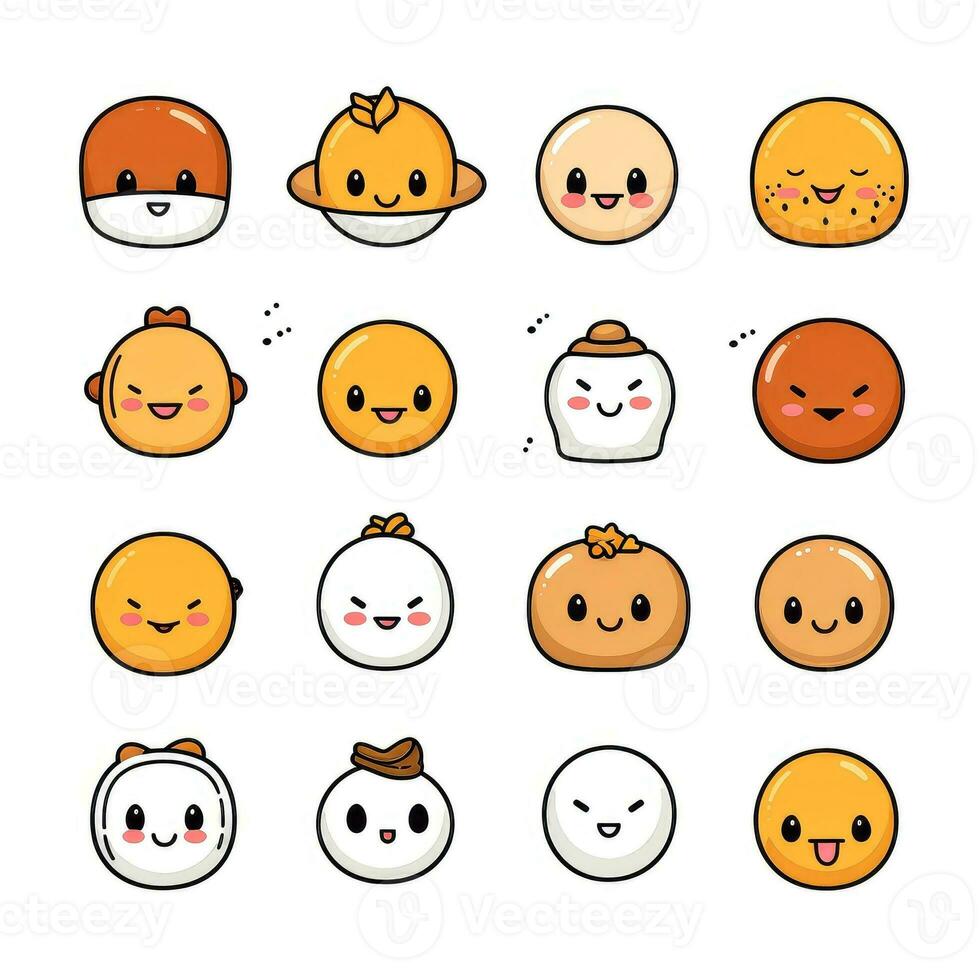 conjunto do desenho animado rostos expressões, face emojis, adesivos, emoticons, desenho animado engraçado mascote personagens face definir, generativo ai ilustração foto