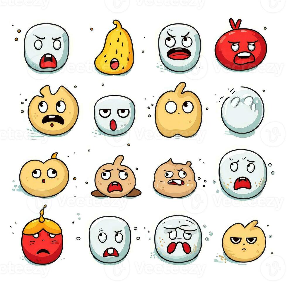 conjunto do desenho animado rostos expressões, face emojis, adesivos, emoticons, desenho animado engraçado mascote personagens face definir, generativo ai ilustração foto