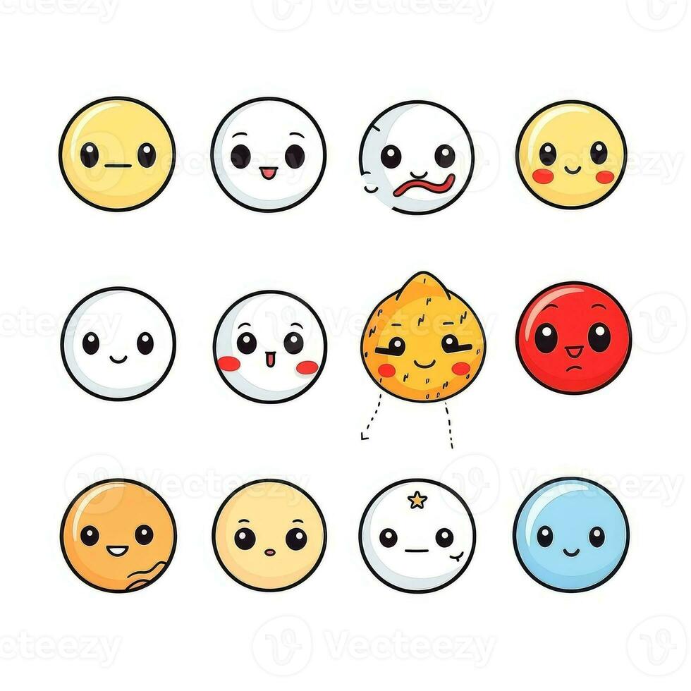 conjunto do desenho animado rostos expressões, face emojis, adesivos, emoticons, desenho animado engraçado mascote personagens face definir, generativo ai ilustração foto