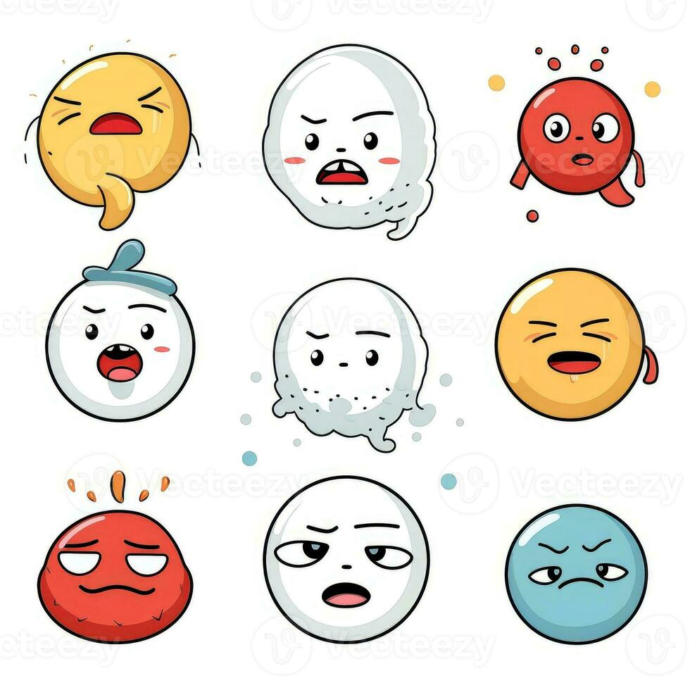 conjunto do desenho animado rostos expressões, face emojis, adesivos, emoticons, desenho animado engraçado mascote personagens face definir, generativo ai ilustração foto